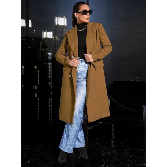 Double Breasted Belted Overcoat long pea coat brown long line - Picture 4 of 6